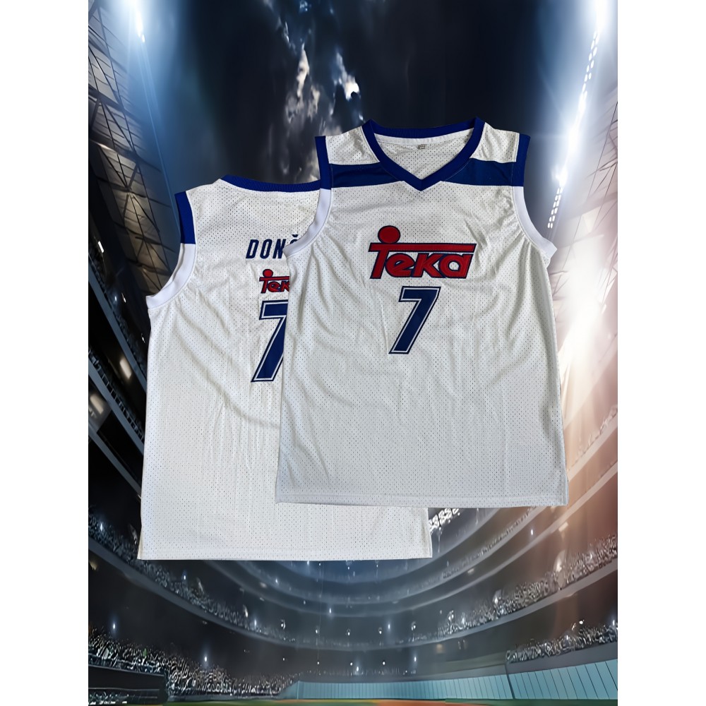 Men's #7 Basketball Training Jersey - Breathable Mesh Tank Top with V-Neck, Sleeveless Athletic Shirt for Sports & Casual Wear, Sizes S-3XL, White with Blue & Red Accents