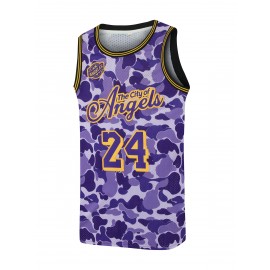 Men'S Embroidered Camo Basketball Jersey, Polyester & Spandex Blend, Crew Neck, Sleeveless, Breathable, Moisture-Wicking, Wrinkle-Resistant, Sports & Casual Style, with for Training, Games, and Parties