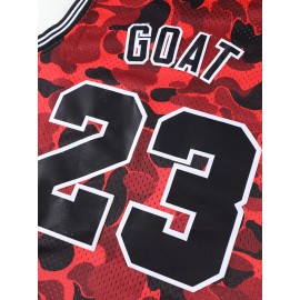 Men's #23 Goat Camo Blend Basketball Jersey - Retro 90's Style, Breathable & Quick-Dry, Sleeveless Sports Uniform for Parties & Training, Red/Black/Brown, Moisture-Wicking Nylon/Spandex