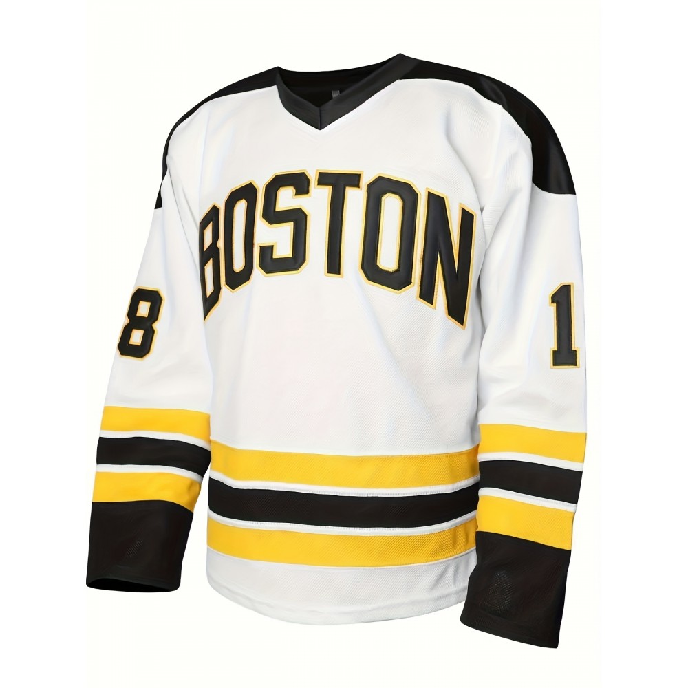 1pc Boston Ice Hockey Jersey, Happy Gilmore #18, Polyester V-Neck Pullover with Embroidered Lettering, Long Sleeve, Breathable & Moisture-Wicking, Loose Fit for Sports & Casual Wear, S-XXXL