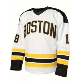 1pc Boston Ice Hockey Jersey, Happy Gilmore #18, Polyester V-Neck Pullover with Embroidered Lettering, Long Sleeve, Breathable & Moisture-Wicking, Loose Fit for Sports & Casual Wear, S-XXXL
