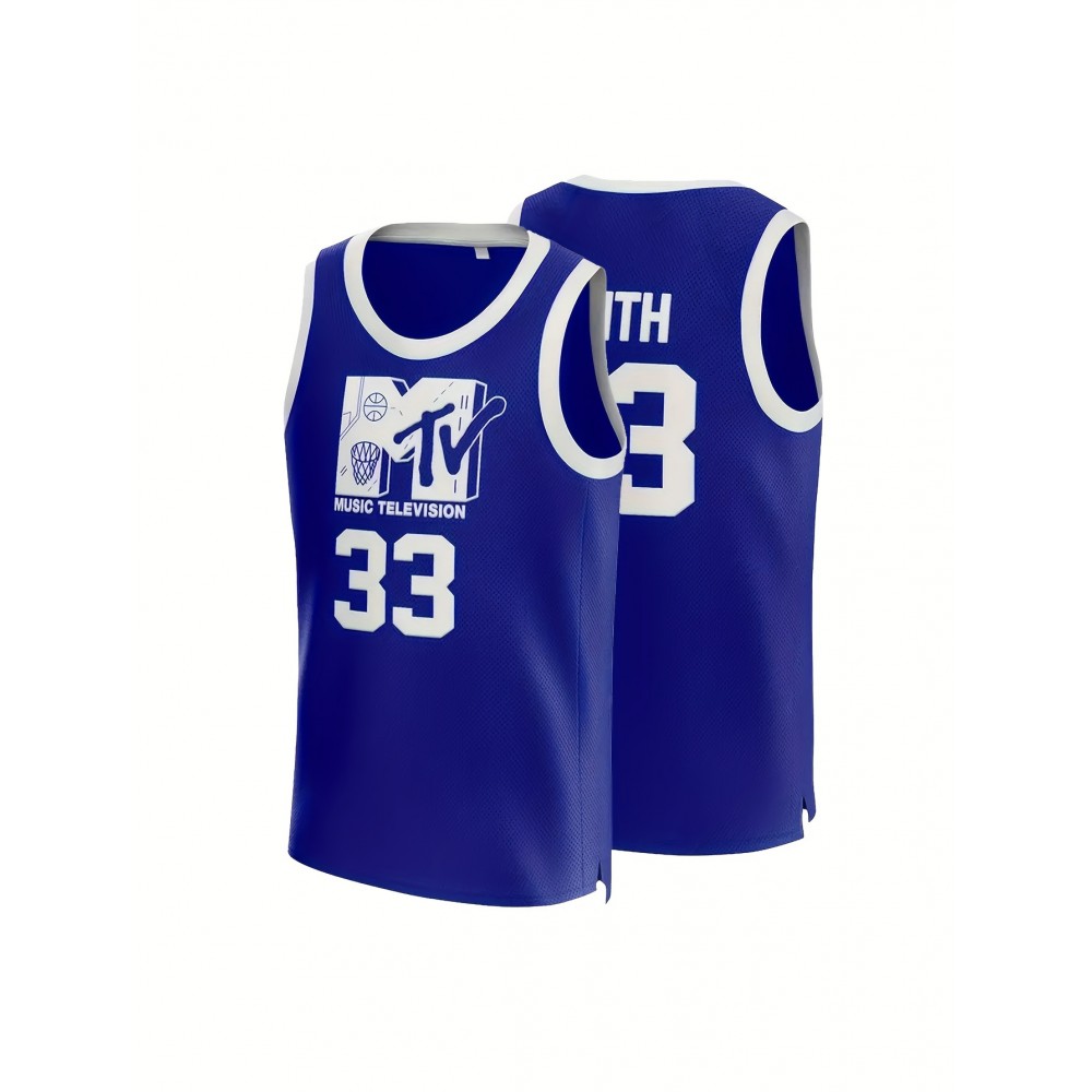Men's #33 Breathable Basketball Jersey - Casual & Sporty Sleeveless Tank Top in Blue, MTV Music Television Embroidery, Polyester, Round Neck - Perfect for Team Sports, Outdoor Activities & Casual Attire, Sizes S-3XL