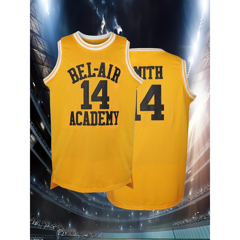 Men's Yellow Basketball Jersey #14 - Breathable Polyester Loose Fit Round Neck Embroidered Design for Sports & Casual Wear - Machine Washable - Ideal for Team Games, Outdoor Activities, and Parties