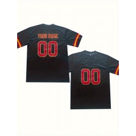 Women'S Plus Size Customizable Football Jersey - Personalized Name & Number, Soft Comfortable Fabric, V-Neck Short Sleeve, Black with Red Accents, Summer Casual Sports Wear, Football Jersey, PLUS SIZE