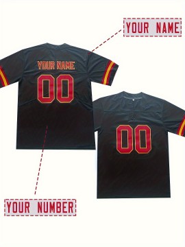 Women'S Plus Size Customizable Football Jersey - Personalized Name & Number, Soft Comfortable Fabric, V-Neck Short Sleeve, Black with Red Accents, Summer Casual Sports Wear, Football Jersey, PLUS SIZE