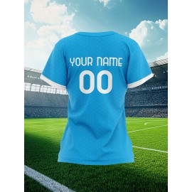 Customizable Women'S Plus Size Football Jersey - Personalized Team Name & Number, Breathable Outdoor Sports Shirt with Vibrant Blue & Pink Geometric Design, Perfect for Soccer Fans, Soccer Fan Apparel | Vibrant Jersey Design | Durable Fabric Shirt
