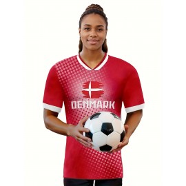 Denmark Country Home Soccer Jersey T-shirt, Professional Sports Fabric Women's Creative Pattern Print, As Gifts For Sports Fans
