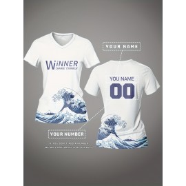 Customized Women's V-Neck Football Jersey - Personalized Name & Number, Breathable Quick-Dry Fabric, Japanese Wave Print Design for Team Training, Fitness & Casual Wear (Spring/Summer/Fall), Personalized Football Jersey, Quickdry Sportswear