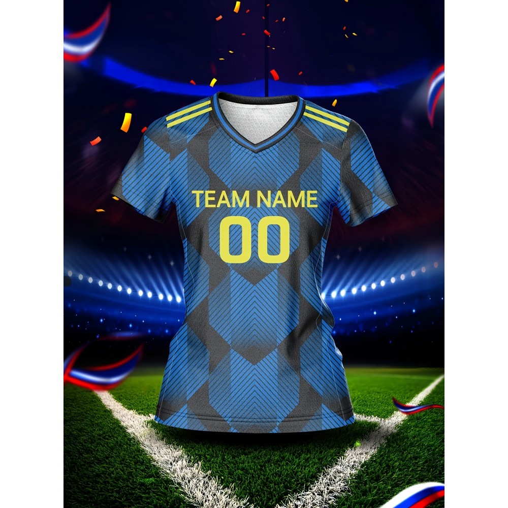 Custom Name & Number Women's V-Neck Football Jersey - Blue & Black Checkered Design, Breathable & Quick-Dry Polyester Sports Top for Team Training, Fitness & Casual Wear