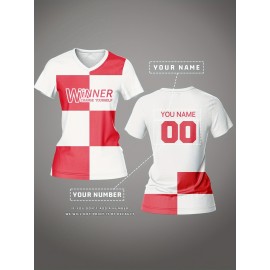 Customizable Women's V-Neck Soccer Jersey - Personal Name & Number, Breathable Polyester, Quick-Dry Sports Top for Team Training & Casual Wear, Sports Training Top | Customizable Soccer Shirt | Smooth Fabric Shirt