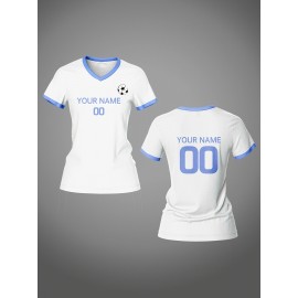 Customizable Women's V-Neck Soccer Jersey - Personalized Name & Number, Breathable Polyester, Quick-Dry Sports Top with Blue Accents for Team Training & Casual Wear, Team Apparel | Customizable Soccer Shirt | Knit Construction