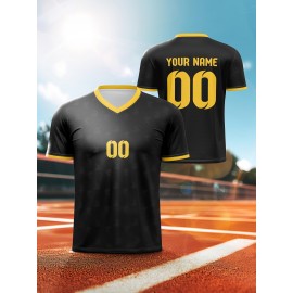 1pc Customizable Kids Soccer Jersey - Polyester V-Neck Football Top with Personalized Name & Number, Medium Stretch, All Over Print, Casual Sports Style for Boys & Girls, Perfect for Training, Beach, Weekend, Birthday - Knit Fabric, Regular Fit