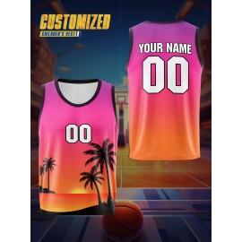 Custom Youngsters' Basketball Tank Top - Personalized Name & Number, Pink to Orange Gradient with Palm Tree Design, Breathable Polyester for Sports, Training, and Outdoor Play