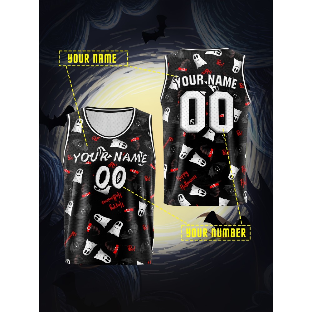 Customized Name And Number Boy's Basketball Sports Vest, Halloween Theme Ghost And Bat Pattern Print Breathable Vest For Game Team Training Outdoor Sports Running Workout