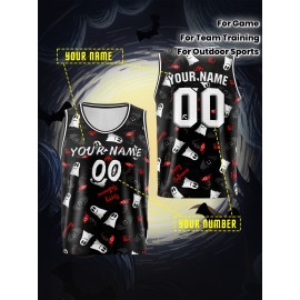 Customized Name And Number Boy's Basketball Sports Vest, Halloween Theme Ghost And Bat Pattern Print Breathable Vest For Game Team Training Outdoor Sports Running Workout