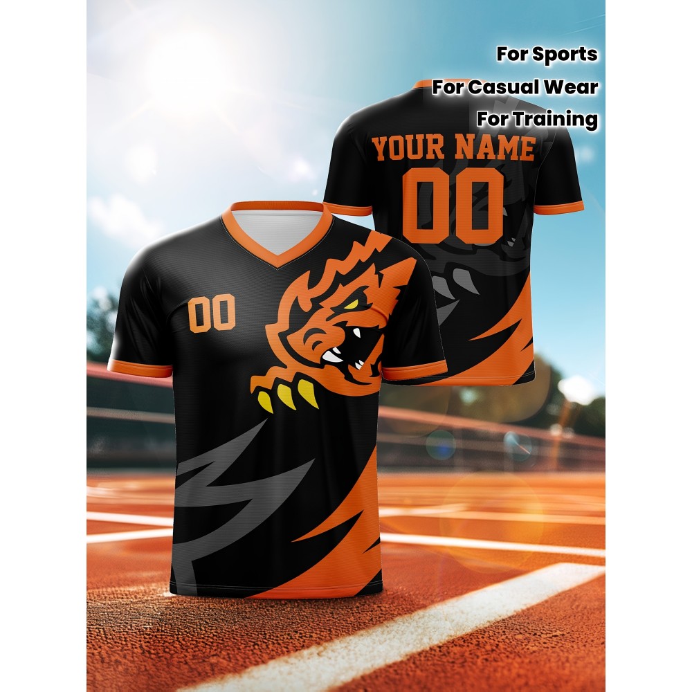 1pc Customizable V-Neck Soccer Jersey for Kids - 100% Polyester, Medium Stretch, All-Over Print, Personalized Name & Number, Regular Fit, for Boys & Girls, Ideal for Sports, Casual Wear, Training, Beach, Birthday - Spring/Summer/Fall