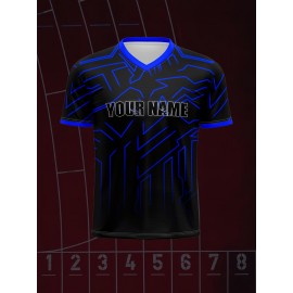 Customizable Youngsters' Soccer Jersey - V-Neck, Personalized Name & Number, Comfortable Polyester Sports Top in Black with Blue Accents for Boys & Girls - Ideal for Outdoor Activities & Training