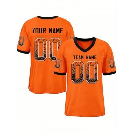 Customizable Plus Size Football Jersey - Personalized Name & Number, Vibrant Orange & White Striped Design, V-Neck Short Sleeve for Women'S Outdoor Sports, Team Uniforms, Summer Athletic Wear, Sporty Clothing, Durable Sportswear
