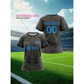 Customizable Women'S Plus Size Football Jersey - Personalized Team Name & Number, Breathable Outdoor Sports Shirt with Vibrant Blue & Pink Geometric Design, Perfect for Soccer Fans, Soccer Fan Apparel | Vibrant Jersey Design | Durable Fabric Shirt